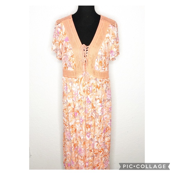 Torrid coral orange white pink floral lace up crinkle maxi dress size 1 or 1X - Picture 2 of 16